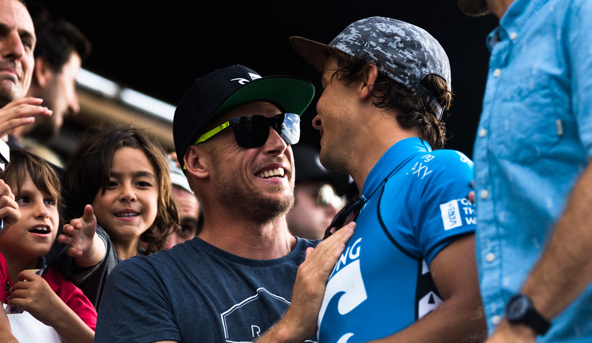 House mates and Rip Curl Team members. Mick Fanning graciously transferred the World Title trophy to the 20-year-old. Photo: <a href=\"http://mattdunbar.com.au\" target=\"_blank\">Matt Dunbar</a>