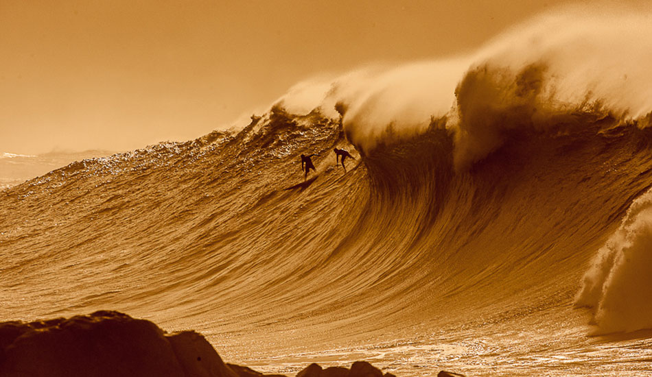 This is the wave that Healy and Dorian paddled into the day before the Eddie. It is said to be the biggest wave ever paddled in the Bay. This shot is something that I will always keep close to me as it a very special moment in surfing history. Photo: Brad Masters