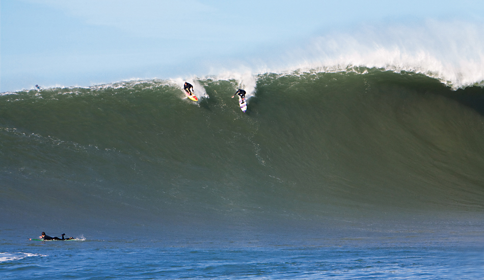 Grant \"Twiggy\" Baker dropping into a 2008 XXL nominated wave at Mavericks. Photo: <a href=\"http://instagram.com/migdailphoto\"> Seth Migdail</a>