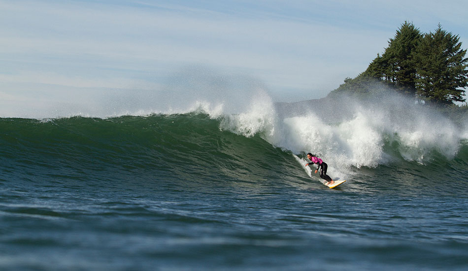 Queen of the Peak competitor Kate Prothero of Tofino, B.C. getting a wave at Cox Bay during the longboard finals. Prothero went on to take second place in the longboard division. Photo: Kyler Vos