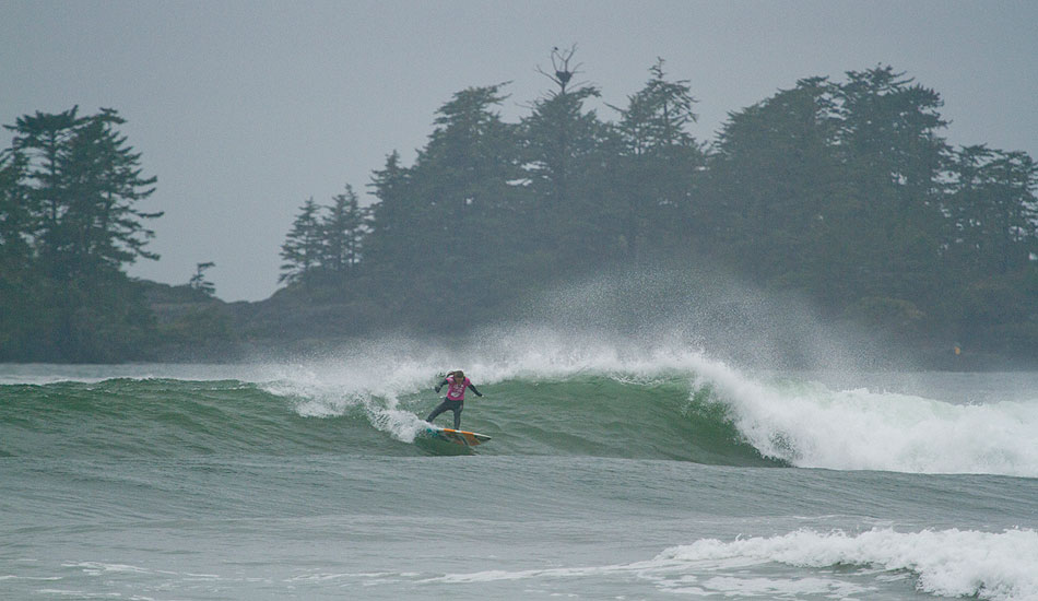 Tofino local female surf legend Catherine Bruhwiler on her way to the Queen of the Peak title this past weekend at Cox Bay in Tofino, B.C. Photo: Kyler Vos