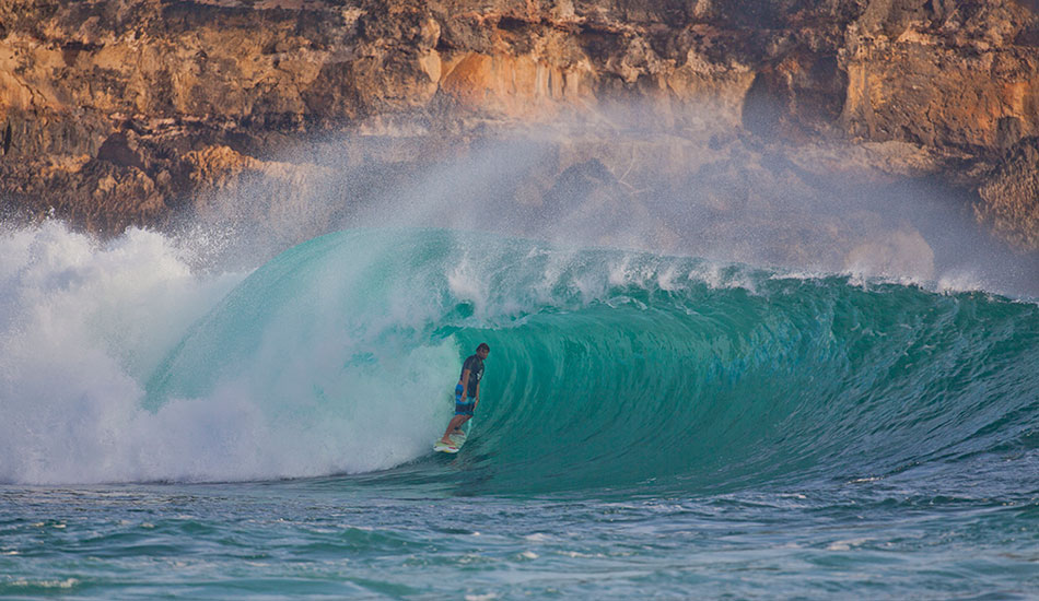 Anthony Walsh later on the same wave standing tall in the barrel. Pacitan, West Java. Photo: <a href=\"http://www.reposarphoto.com\">Jason Reposar</a>