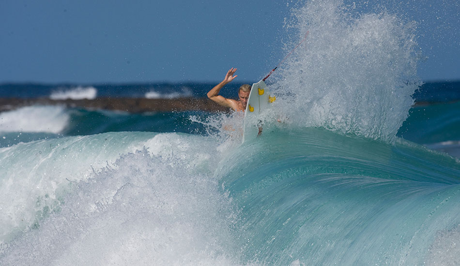 Flynn Novak fins out turn. In between contests in Newcastle, Australia. Photo: <a href=\"http://www.reposarphoto.com\">Jason Reposar</a>