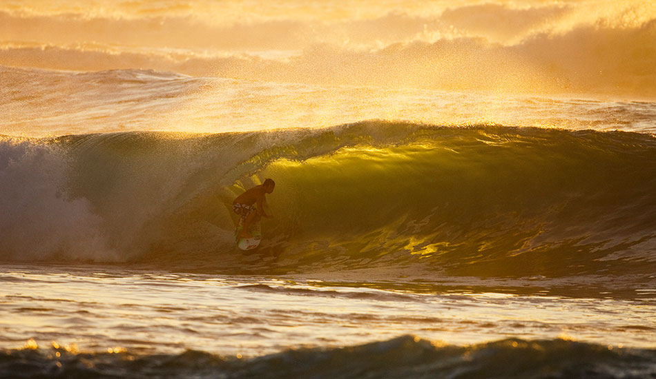 Ry Craike on a small inside one at his home break in late afternoon delight. Lopes, North West Australia. Photo: <a href=\"http://www.reposarphoto.com\">Jason Reposar</a>