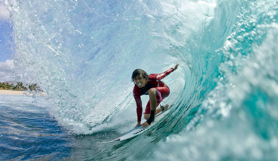 Adam Bennets on a small day at the “grower”. Desert Point. Lombok, Indonesia. Photo: <a href=\"http://www.reposarphoto.com\">Jason Reposar</a>