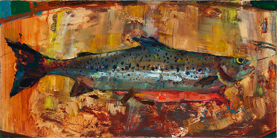 Fish caught June 14th post-Irene waters. Margaretville, New York by Angela Dufresne, 2012. Oil on canvas.