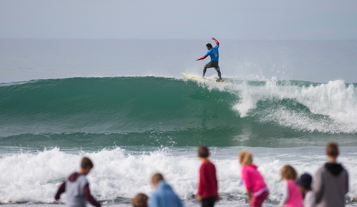 Michel Bourez of Tahiti (pictured) narrowly winning his Round 3 heat after a tie-break with competitor Bede Durbidge. Bourez took the win with the highest score of the heat, a near-perfect 9.50. Photo: Kirstin Scholtz / WSL