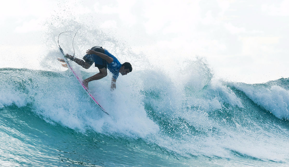 Italo Ferreira of Brasil (pictured) defeating 11-times WSL Champion Kelly Slater (USA) in Round 3 of the Quiksilver Pro Gold Coast in Australia on Thursday March 12, 2015. Photo: <a href=\"http://www.worldsurfleague.com/\"> WSL</a>/ Cestari