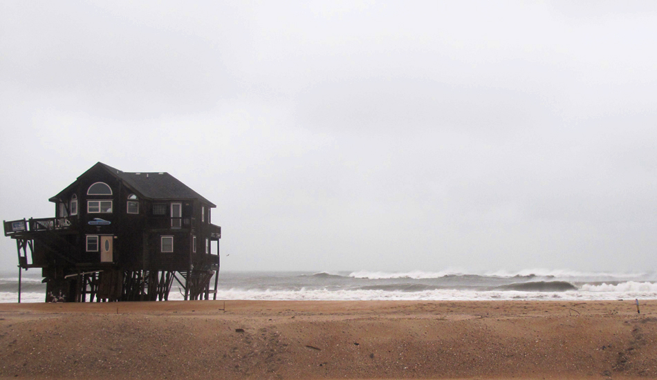 Ironically, this house is called \"Wavebreaker.\" Amid the victory-at-sea conditions, a few sneaker, perfect barreling waves would appear. But, overall, it was a  bit of a mess on the Outer Banks. And cold. Photo: Weisberg