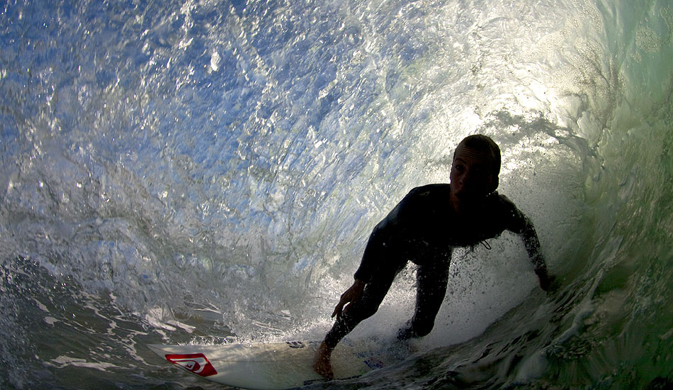 Balaram Stack tucks into a Newport tube. Photo: <a href=\"http://sardelis.com/\" target=\"_blank\">Sardelis.com</a>/<a href=\"http://hbsurfshot.blogspot.com/\" target=\"_blank\">HBSurfShot.Blogspot.com</a>