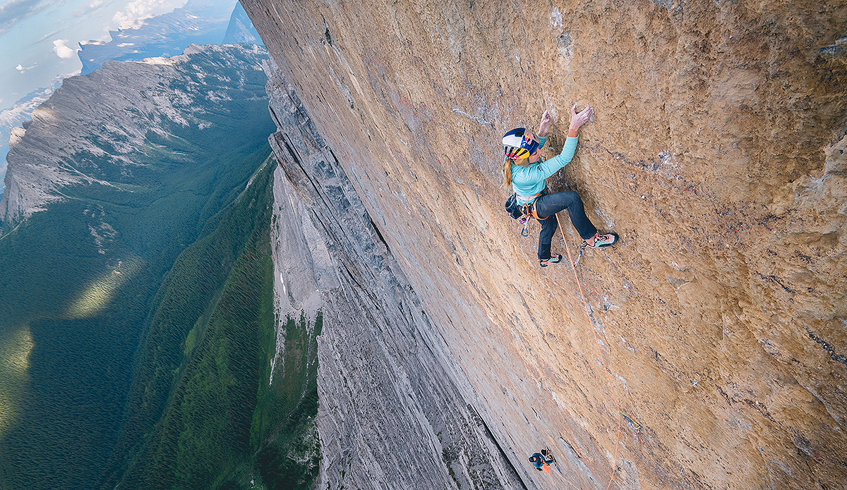 The Shining Uncut is a 80-meter pitch on Mount Louis, graded 5.14a. The climbing is really technical and precise up the sheer Diamond face of the mountain. 
Photo: Peter Hoang