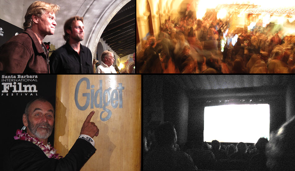 The scene at The Arlington Theatre at the Santa Barbara International Film Festival. Father and son filmmakers Dana and Wes Brown (with Bruce in the background) (Top Left). Jack McCoy with the Gidget board (Bottom Left). Nearly 2,000 people attended the screening (Right). Photos: Weisberg