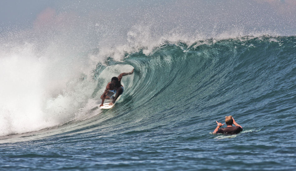 Isei Tokovu, one of Fiji’s stand out surfers, shares a moment at Cloudbreak with long time friend, John Maher. Photo: Brody/<a href=\"http://www.surfresource.org/\" target=_blank>SurfResource.org</a>