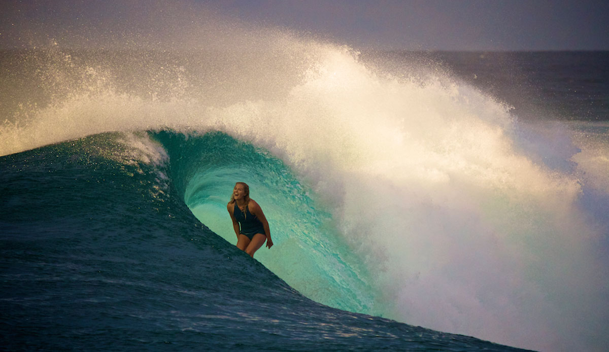 Stephanie Gilmore at P-Pass. This is one of those moments that just happen. The rain stopped, the clouds parted and the sun burst through just as Steph took off….she pulled into a nice little barrel and as she came out the lip flared…The delight on her face is genuine, this is not her working the camera, she didn’t even know that I had this shot until later. Photo: <a href=\"http://richardkotchphotography.com/\">Richard Kotch</a>