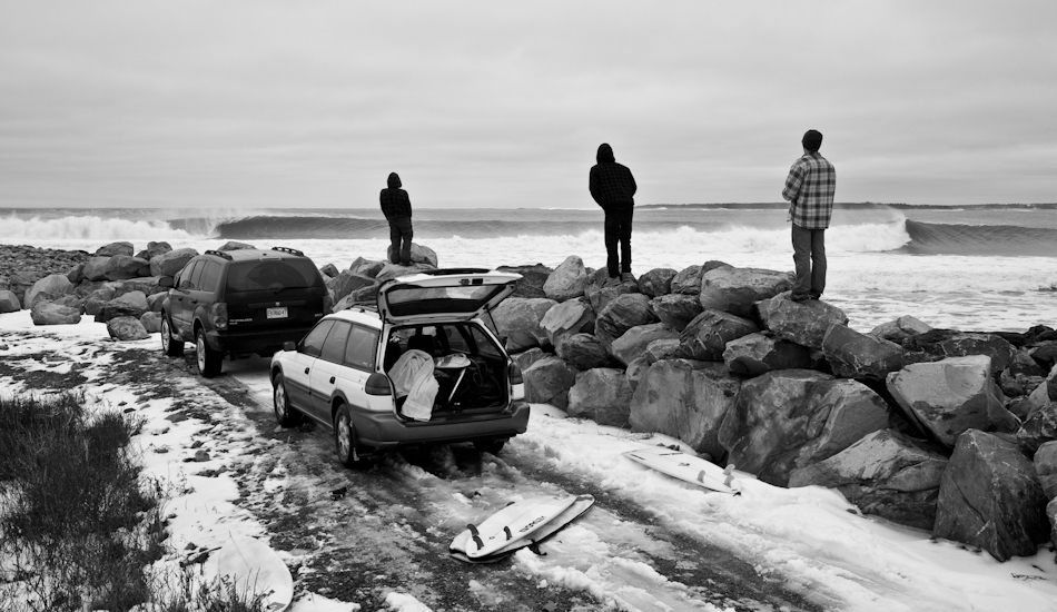 I took this lineup shot on the East Coast of Canada a couple of years ago. This was a tough morning for me. After a redeye flight from Vancouver with 3 hours of sleep, I jumped in a rental car and met Nico Manos at 7am at this spot. The water was hovering around 32F, and as I was scrambling down the rocks, a set came and sent me around a jetty on the inside. I pulled myself out and walked up to the point for another try. Shooting in the water this day was one of the coldest days of my life. Photo: <a href=\"http://www.jeremykoreski.com/\" target=_blank>Jeremy Koreski</a> 