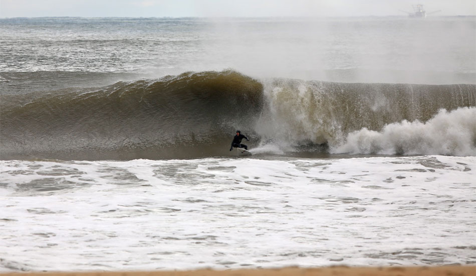 Monmouth County standout, Nick Menditto, digging his rail in on a bottom turn. Second sandbar roll-ins in NJ? Photo: <a href=\"http://www.rozbernsurf.com\":> Kevin Strickland</a>