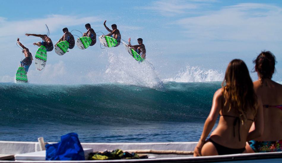 Gabriel Medina, Cloudbreak-ing for the spectators. Photo: <a href=\"http://www.stugibson.net\">Stuart Gibson</a>