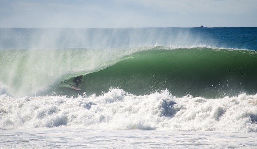 Traveling charger Tom Lowe got absolutely blasted out of this wave. Portugal doing its damn best Pipeline impersonation. Supertubos, Portugal. 3/4/17. Photographer: Monica Santos