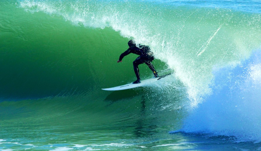 Who said German’s can’t surf? Lennart Girard rushes dreamy tubes like this for breakfast. Santo Amaro, Portugal. 2/8/17. Photographer: Helder Nogueira