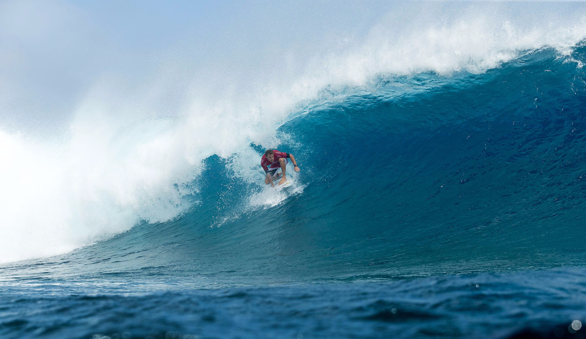 Bede Durbidge of Currumbin, Australia (pictured) winning his Round 2 heat at the Billabong Pro Tahiti to advance into Round 3. Photo: <a href=\"http://www.worldsurfleague.com/\">WSL</a>/<a href=\"https://instagram.com/kc80/\">Cestari</a>