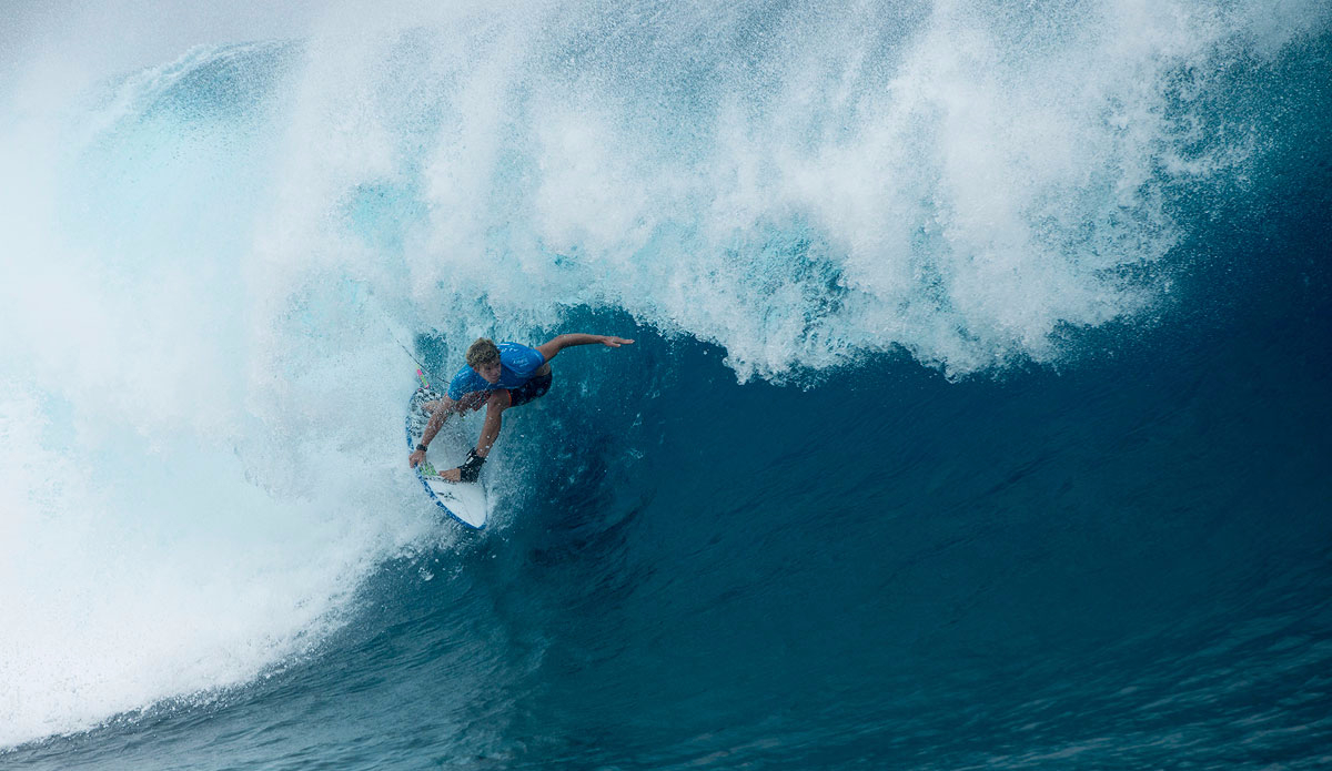 John John Florence of Hawaii (pictured) winning his Round 1 heat of the Billabong Pro Tahiti, posting a near perfect 9.03. Photo: <a href=\"http://www.worldsurfleague.com/\">WSL</a>/Robertson