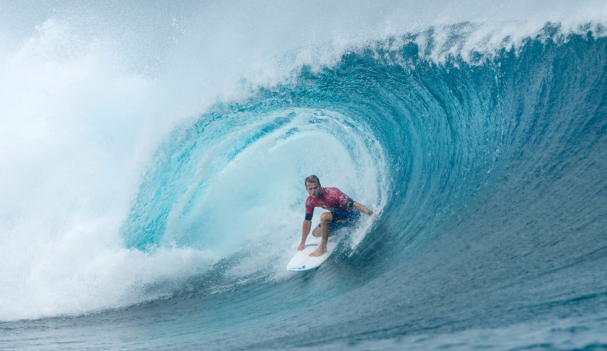 Josh Kerr winning his Round 1 heat of the Billabong Pro Tahiti, posting a near perfect 9.63 (out of a possible ten point ride) to advance into Round 3 at Teahupo\'o. Photo: <a href=\"http://www.worldsurfleague.com/\">WSL</a>/Robertson