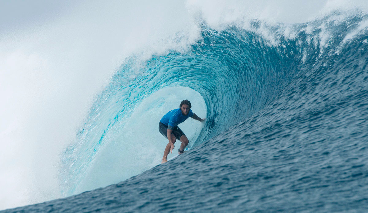 Matt Wilkinson of Australia (pictured) winning his Round 2 heat at the Billabong Pro Tahiti to advance safely into Round 3 at Teahupo\'o. Photo: <a href=\"http://www.worldsurfleague.com/\">WSL</a>/Robertson