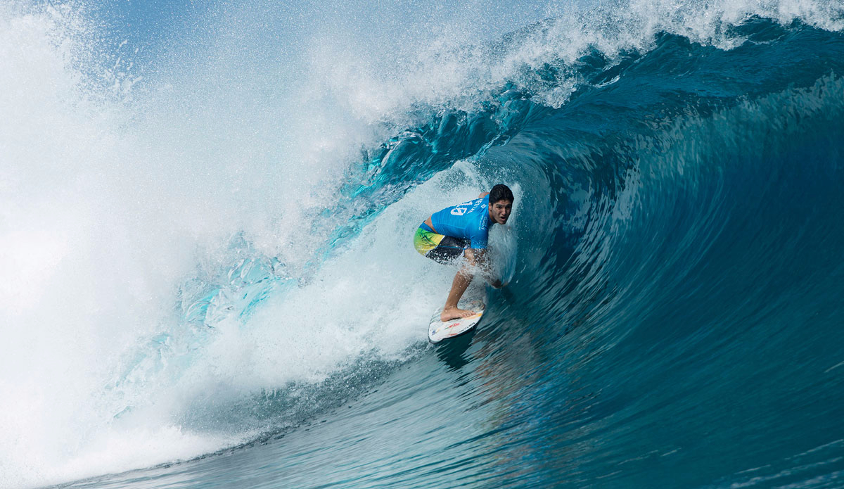 Gabriel Medina of Brasil (pictured) producing an almost flawless performance scoring 19.00 (out of 20.00) two wave heat score to win his Round 3 heat at the Billabong Pro Tahiti in Teahupoo. Photo: <a href=\"http://www.worldsurfleague.com/\">WSL</a>/Robertson