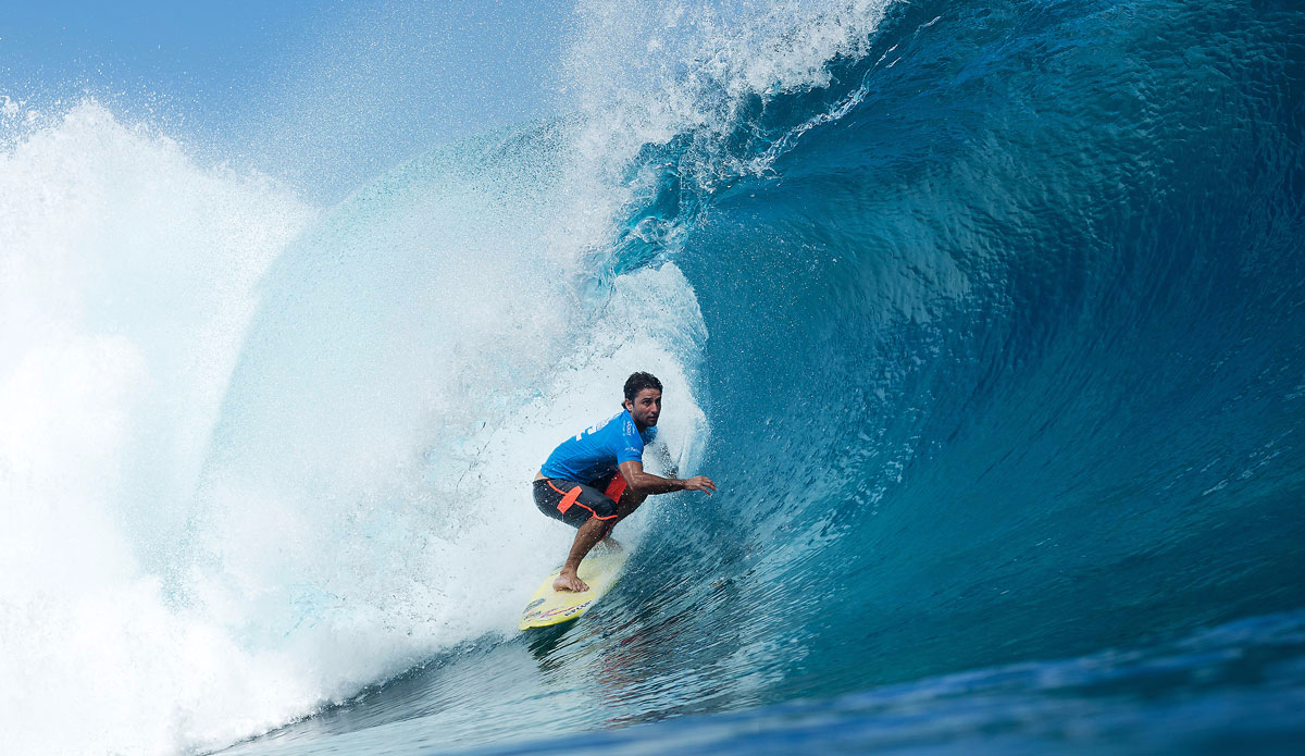 Bruno Santos of Brasil (pictured) advanced in to Round 4 of Billabong Pro Tahiti in Teahupoo after defeating current WSL Jeep Leaderboard ratings leader Adriano de Souza. Photo: <a href=\"http://www.worldsurfleague.com/\">WSL</a>/<a href=\"https://instagram.com/kc80/\">Cestari</a>