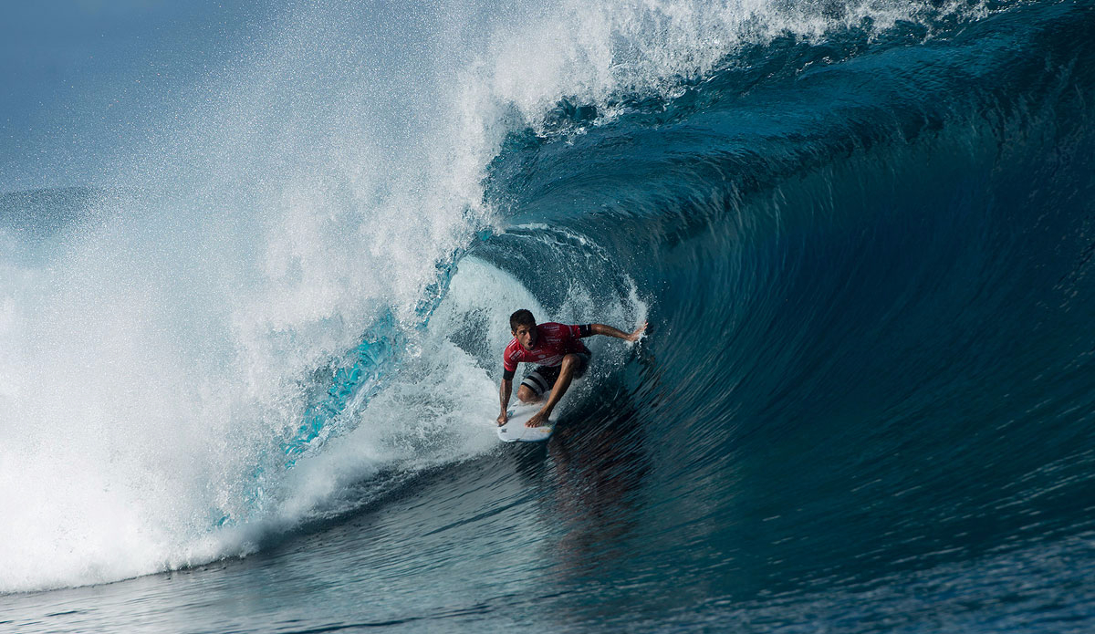 Filipe Toledo of Brasil (pictured)winning his Round 3 heat with a pair of excellence scoring rides at the Billabong Pro Tahiti. Photo: <a href=\"http://www.worldsurfleague.com/\">WSL</a>/Robertson