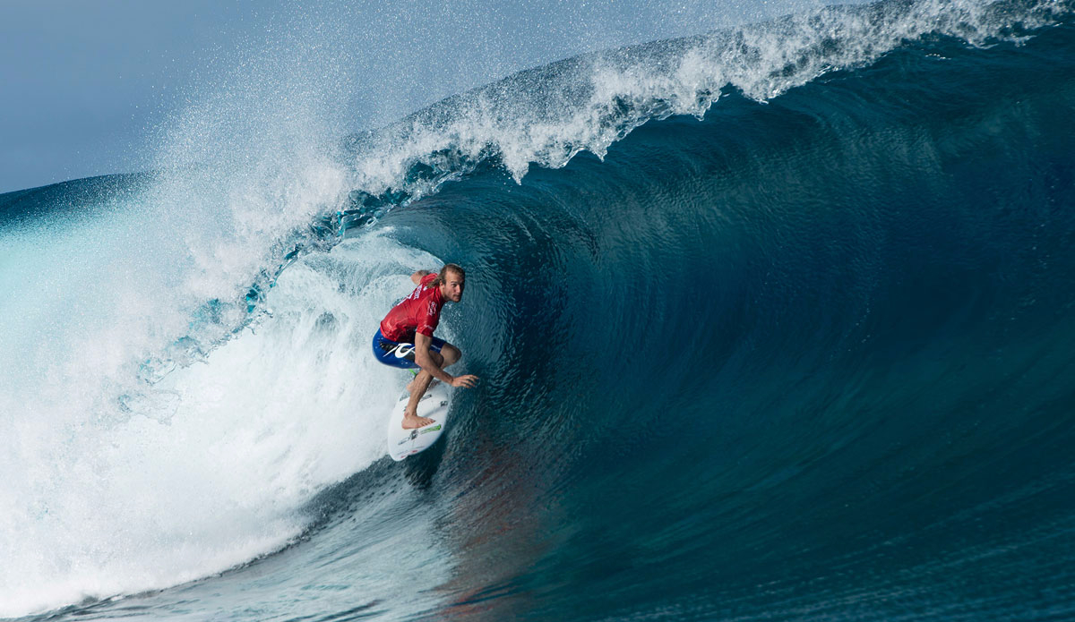 Owen Wright of South Coast, NSW, Australia (pictured) winning his Round 3 heat with a near perfect 9-point ride to advance into Round 4 of the Billabong Pro Tahiti. Photo: <a href=\"http://www.worldsurfleague.com/\">WSL</a>/Robertson