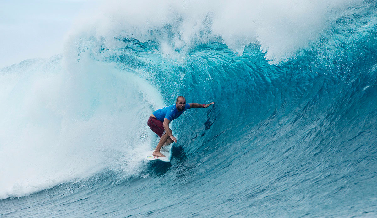 CJ Hobood of Florida, USA (pictured) posting a Perfect 10 point ride during Round 3 of the Billabong Pro Tahiti advancing in first place into round 4 at Teahupo\'o. Photo: <a href=\"http://www.worldsurfleague.com/\">WSL</a>/Robertson