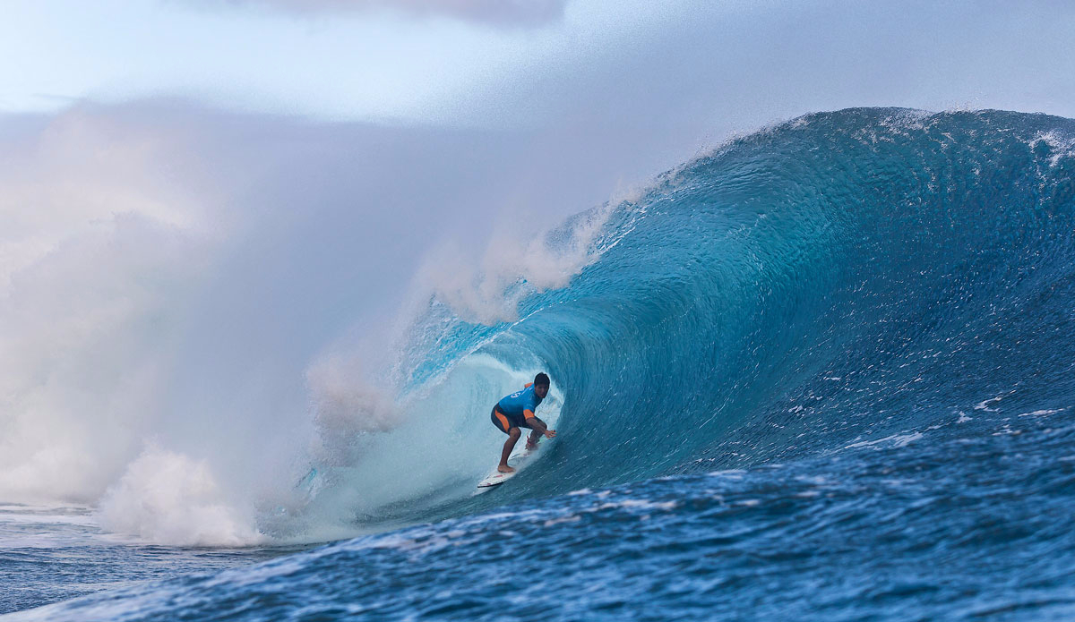 Gabriel Medina of Maresias, Sao Paulo, Brazil (pictured) winning in Round 4 of the Billabong Pro Tahiti with a heat total of 17.64 points (out of a possible 20.00) which included a near perfect 9.97 point ride (out of a possible 10.00) to advance in to the Quarter Finals at Teahupoo. Photo: <a href=\"http://www.worldsurfleague.com/\">WSL</a>/<a href=\"https://instagram.com/kc80/\">Cestari</a>