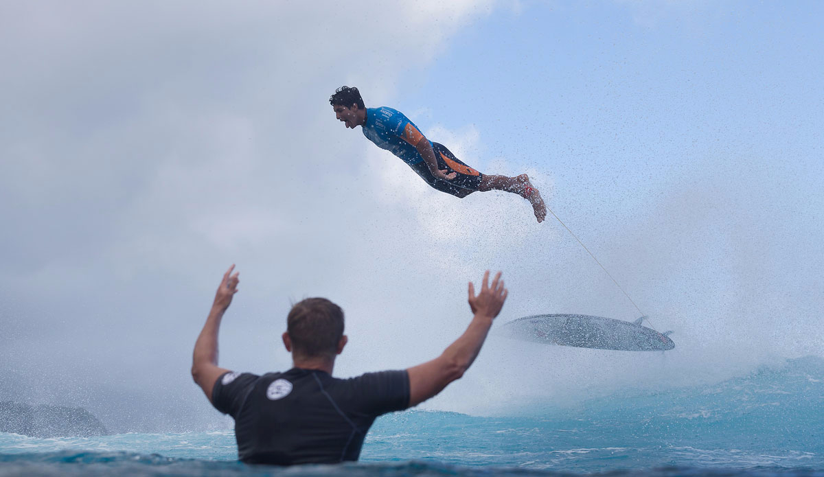 Reigning WSL World Champion and defending event winner Gabriel Medina of Maresias, Sao Paulo, Brazil (pictured) soars through the air after completing a perfect 10 point ride during Round 4 of the Billabong Pro Tahiti. Photo: <a href=\"http://www.worldsurfleague.com/\">WSL</a>/<a href=\"https://instagram.com/kc80/\">Cestari</a>