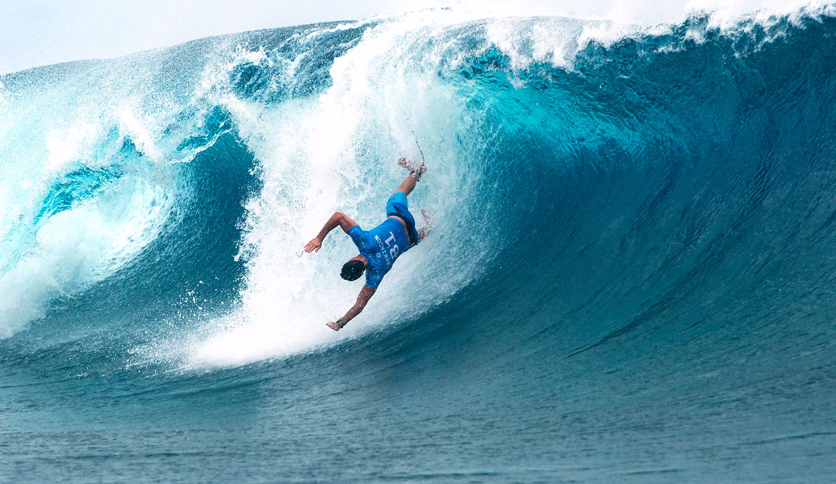 Joel Parkinson of Coolangatta, Gold Coast, Australia (pictured) wipesout during Round 3 of the Billabong Pro Tahiti where he was defeated and eliminated from this year\'s event at Teahupo\'o. Photo: <a href=\"http://www.worldsurfleague.com/\">WSL</a>/Robertson