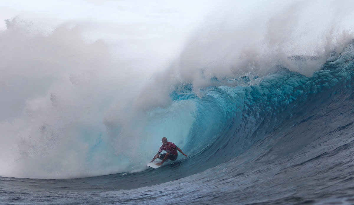 Kelly Slater of Florida, USA (pictured) winning his Round 3 heat at the Billabong Pro Tahiti at Teahupo\'o. Photo: <a href=\"http://www.worldsurfleague.com/\">WSL</a>/Robertson