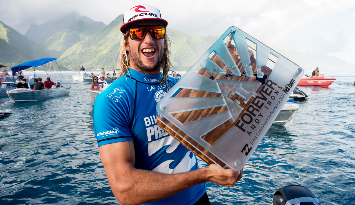 “This feels amazing and I’m so honored to get this award,” said Owen Wright. “During this event so many guys have gone hard. I’ve watched Andy (Irons) for so long and I can’t imagine what he’d be doing if he was here. To get fifth place here feels so special and this award just tops it off.” Photo: ASP