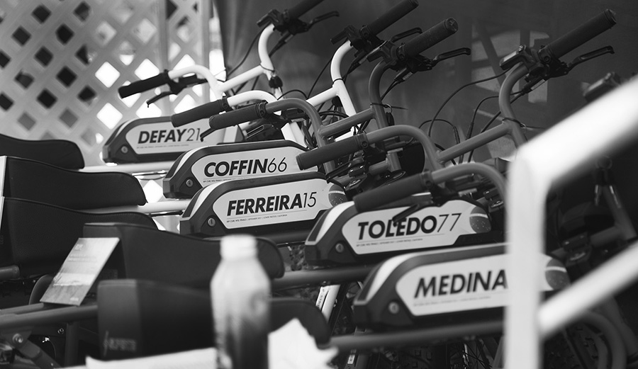 A sign of the times: e-bikes for the competitors. 