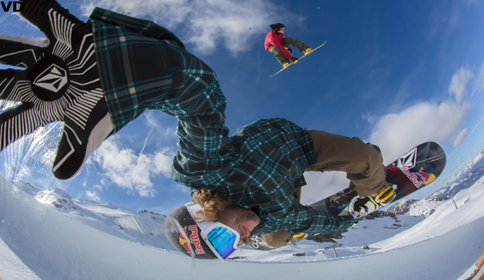 This is an image that I am proud of as it had never been done before and it has not been copied since. I had a plexiglas dome made and put a camera with fisheye lens inside it. Then Markus Keller did a hand plant on it while Arthur Longo did a Fs720 over him.