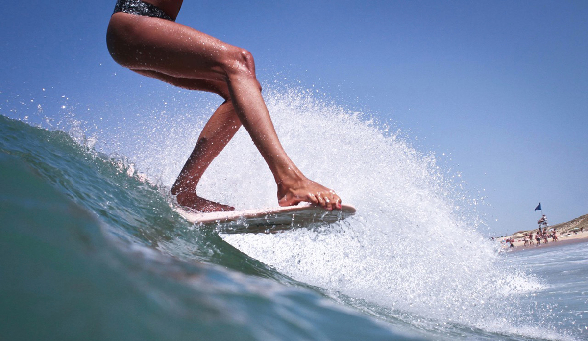 This shot was taken by Julien Binch Binet at Les Estagnots one afternoon this summer. It was the first time that I surfed this amazing 9’ 4\" single fin made by Lufi Surfboards, which works very well in perfect conditions. I moved to Hossegor, France two years ago. It was hard to leave my paradisiacal home on Reunion Island, but France treats me very well, and every single day I feel grateful, thankful, and blessed. Photo: Julien Binch Binet