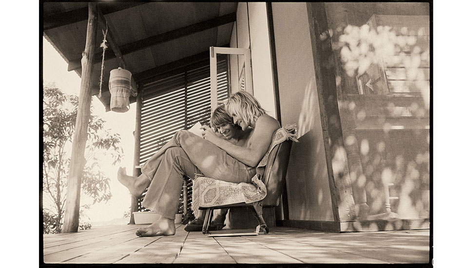 Garth and Russ – c. 1970
From the early 1960s, Byron Bay was a magnet for surfers wanting to get out of the city. There was good surf around there, and land was relatively inexpensive. Three of my friends had houses on a small spur of land just inland of the town – this is Garth Murphy and Russell Hughes at Garth’s place. Photo: Witzig