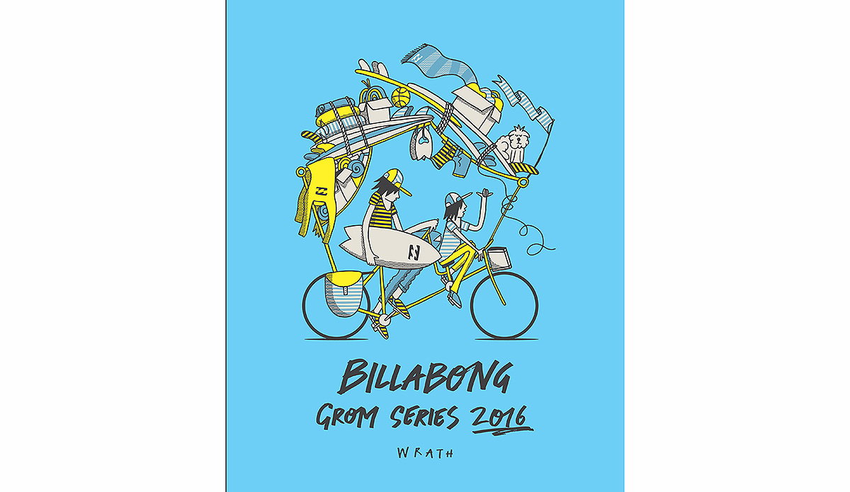 I was honoured last year to be approached by Billabong to create a piece for their Grom Comp. I was given a good brief to draw a tandem bike that was able to transport all their grommy kind of stuff to the beach. Basically this piece of art is what came out of my brain. What kid wouldn\'t want a bike like this? 