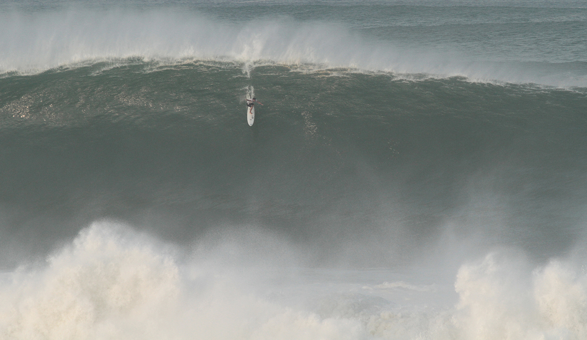 Pedro Calado (Rio de Janiero, Brazil) takes off on a huge outside peak on one of the biggest beach break days ever surfed at Puerto Escondido, Mexico on May 3, 2015. The image has been entered in the 2016 WSL Big Wave Awards.  Much bigger that average waves are expected to continue through the winter months as an El Nino weather condition gains strength. Photo: WSL / Daniel Nava