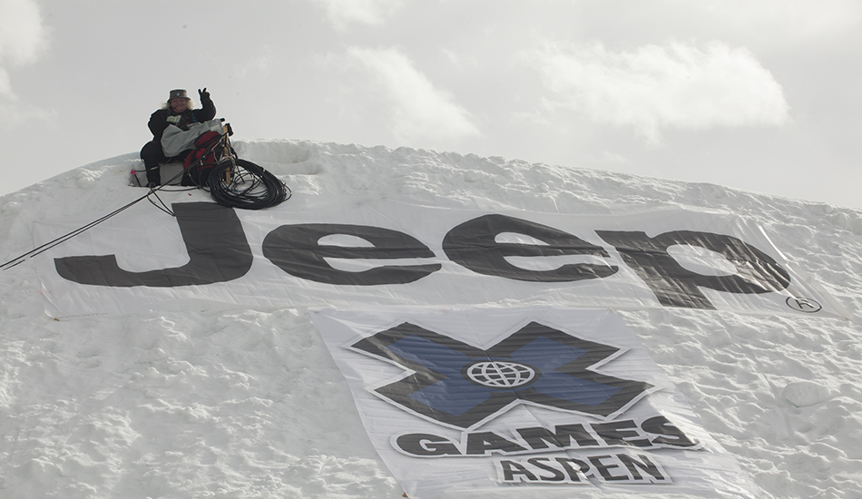 Part of the production crew, with a peace out from the top of the last slopestyle jump. 