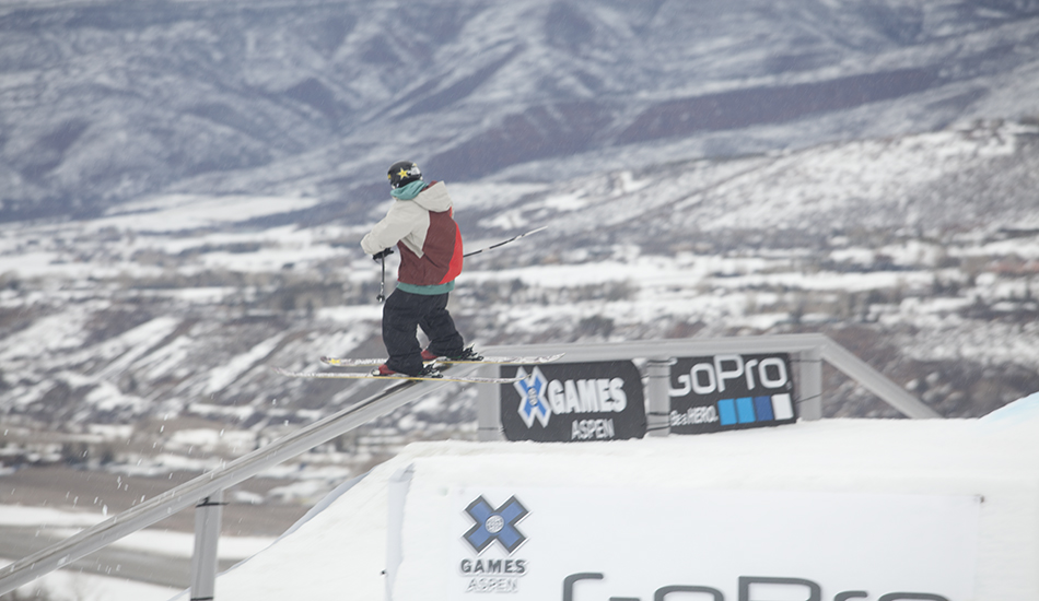 A skier reps the all-important rail line at the top of the course during practice. Rail work was key to a good run when it counted. 