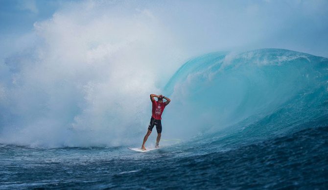 Owen Wright moments after the wave that gave him a perfect heat in Fiji. Photo: WSL