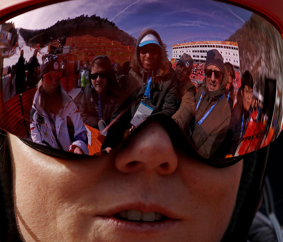 American skier Mikaela Shiffrin talks to the media after her first run of the women’s slalom at the 2018 Winter Olympics. Image: AP Photo/Charlie Riedel