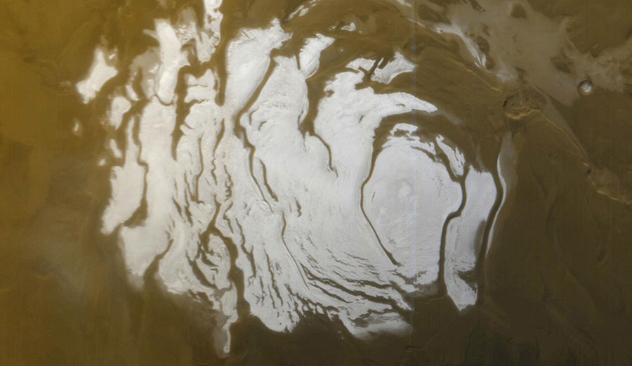 The south polar cap of Mars is hiding a subsurface lake, according to new research. NASA/JPL/MSSS