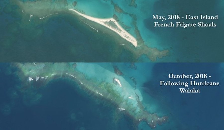 Before and after pictures show East Island being completely wiped out by Hurricane Walaka earlier this month. Images: US Fish and Wildlife Service