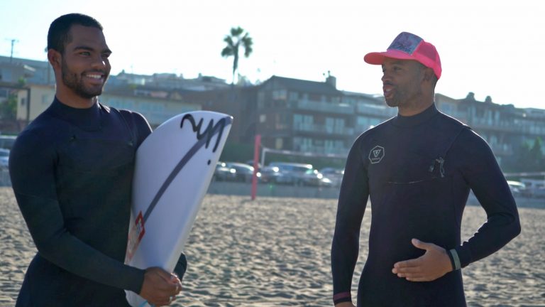 Ryan Harris of Earth Technologies and Surfer Hunter Jones at El Porto in Los Angeles